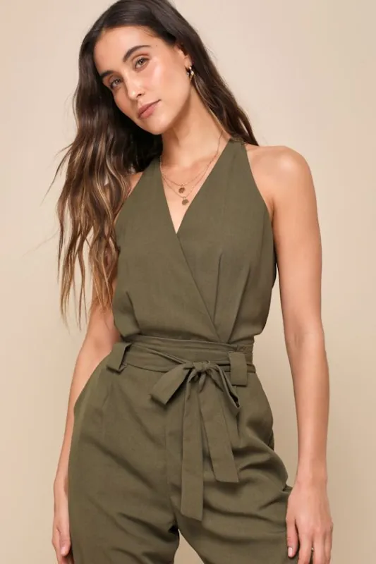 In the City Olive Green Surplice Sleeveless Jumpsuit sold by Lulus