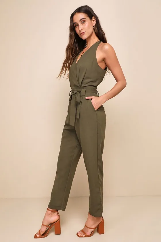 In the City Olive Green Surplice Sleeveless Jumpsuit sold by Lulus product image thumbnail 4