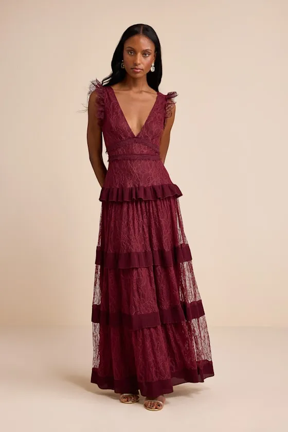 Marvelous Darling Burgundy Ruffled Tiered Maxi Dress sold by Lulus