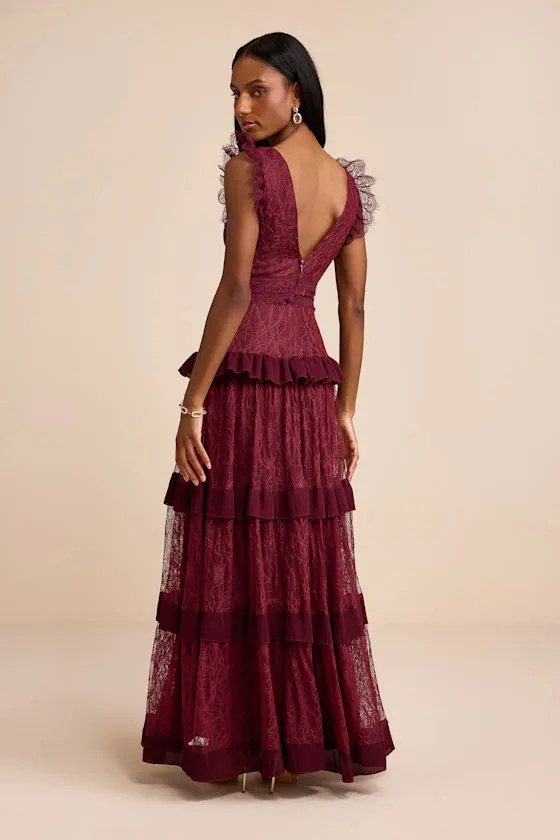 Marvelous Darling Burgundy Ruffled Tiered Maxi Dress sold by Lulus product image thumbnail 3