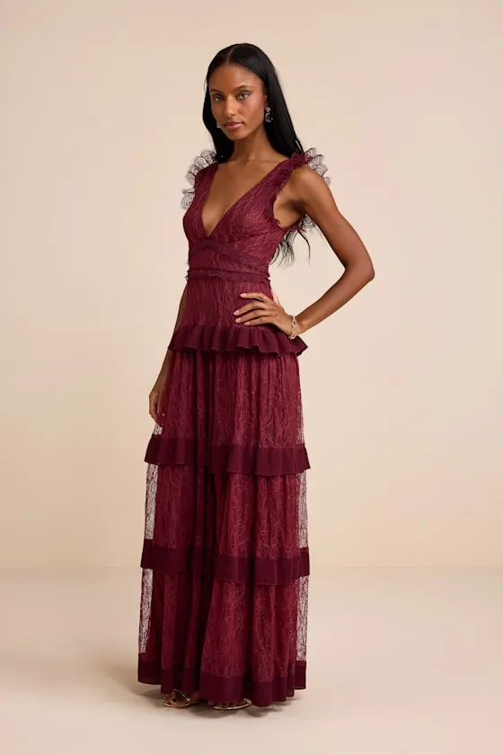 Marvelous Darling Burgundy Ruffled Tiered Maxi Dress sold by Lulus product image thumbnail 4