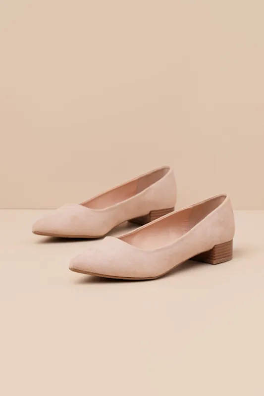 Alessia Light Nude Suede Low Pointed-Toe Heels sold by Lulus
