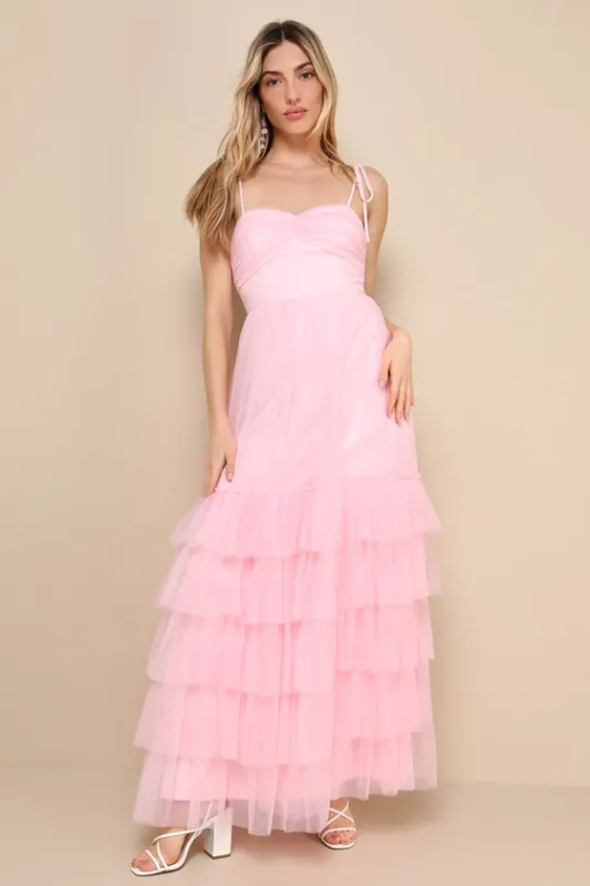 Endlessly Darling Pink Mesh Tiered Tie-Strap Maxi Dress sold by Lulus