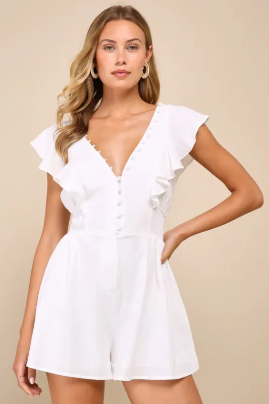 Making My Heart Flutter White Ruffled Button-Front Romper sold by Lulus