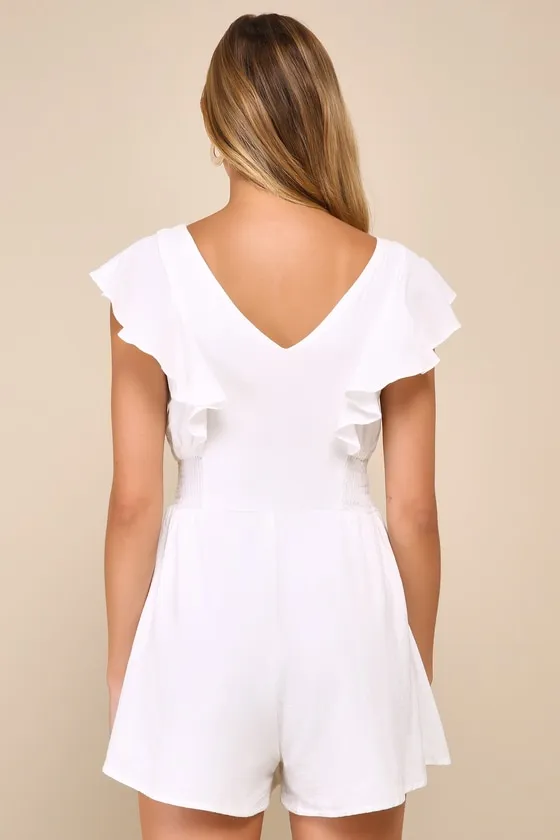 Making My Heart Flutter White Ruffled Button-Front Romper sold by Lulus product image thumbnail 2