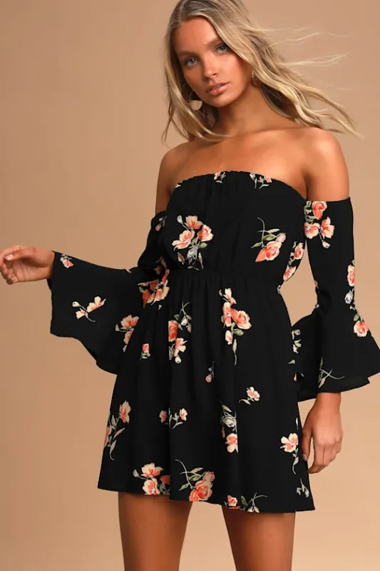 Lush Gardens Black Floral Print Off-The-Shoulder Mini Dress sold by Lulus