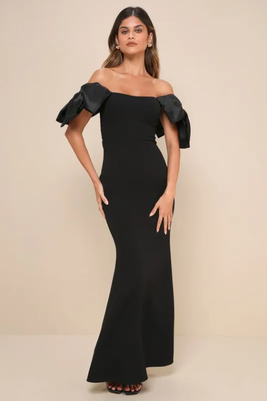 Pristine Sensation Black Bow Off-the-Shoulder Maxi Dress sold by Lulus