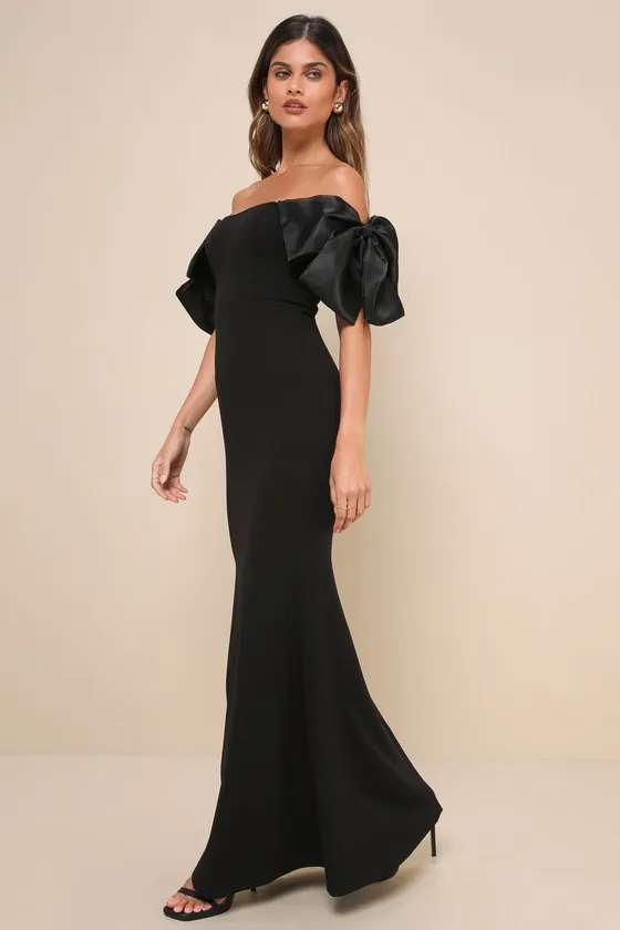 Pristine Sensation Black Bow Off-the-Shoulder Maxi Dress sold by Lulus product image thumbnail 3