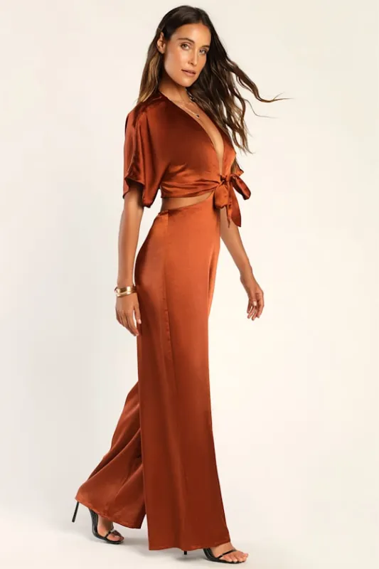 Flirt For Fun Rust Brown Tie-Front Two-Piece Wide-Leg Jumpsuit made by Lulus