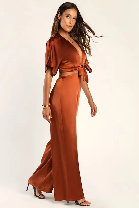Flirt For Fun Rust Brown Tie-Front Two-Piece Wide-Leg Jumpsuit sold by Lulus