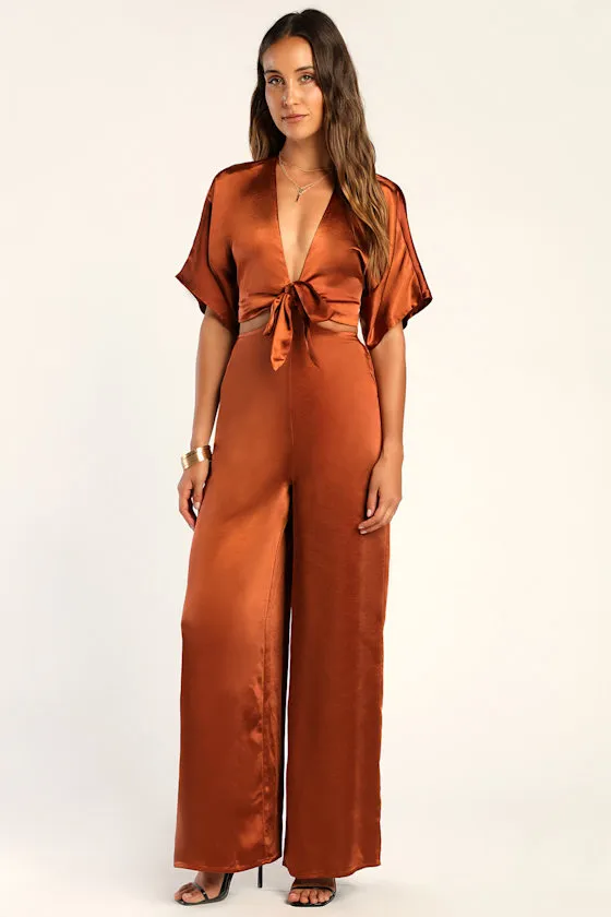 Flirt For Fun Rust Brown Tie-Front Two-Piece Wide-Leg Jumpsuit sold by Lulus product image thumbnail 2