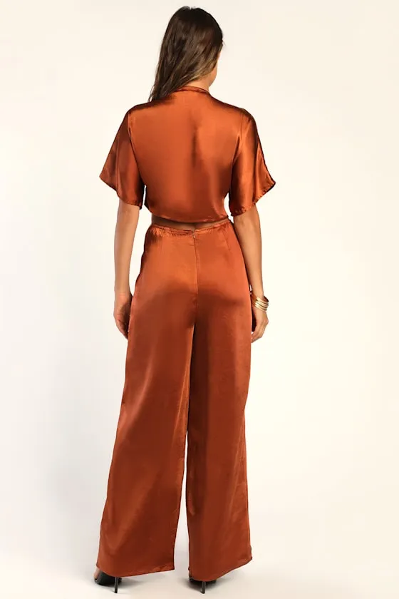 Flirt For Fun Rust Brown Tie-Front Two-Piece Wide-Leg Jumpsuit sold by Lulus product image thumbnail 3