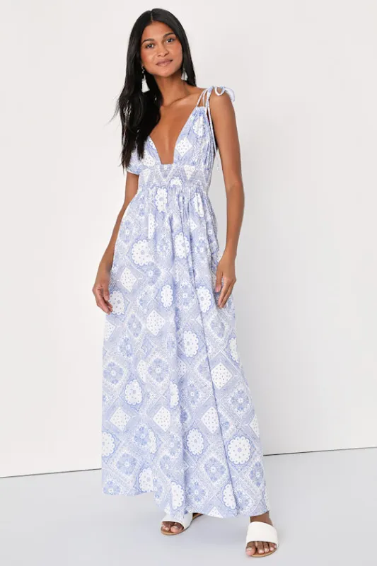 Spanish Sojourn White and Blue Paisley Tie-Strap Maxi Dress made by Lulus