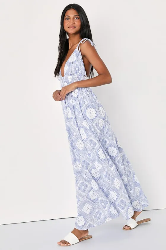 Spanish Sojourn White and Blue Paisley Tie-Strap Maxi Dress sold by Lulus product image thumbnail 4