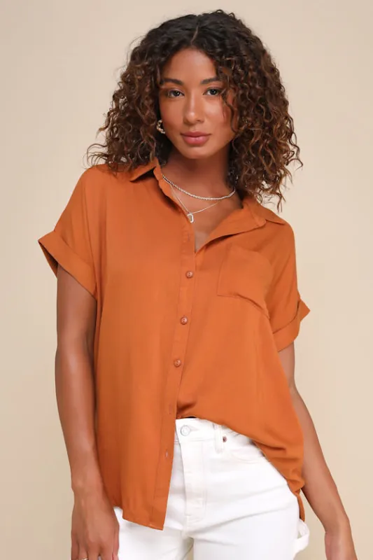 Blythe Rust Brown Short Sleeve Button-Up Top sold by Lulus