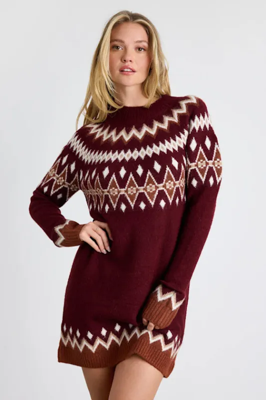 Becklynn Burgundy Fair Isle Sweater Mini Dress sold by Lulus
