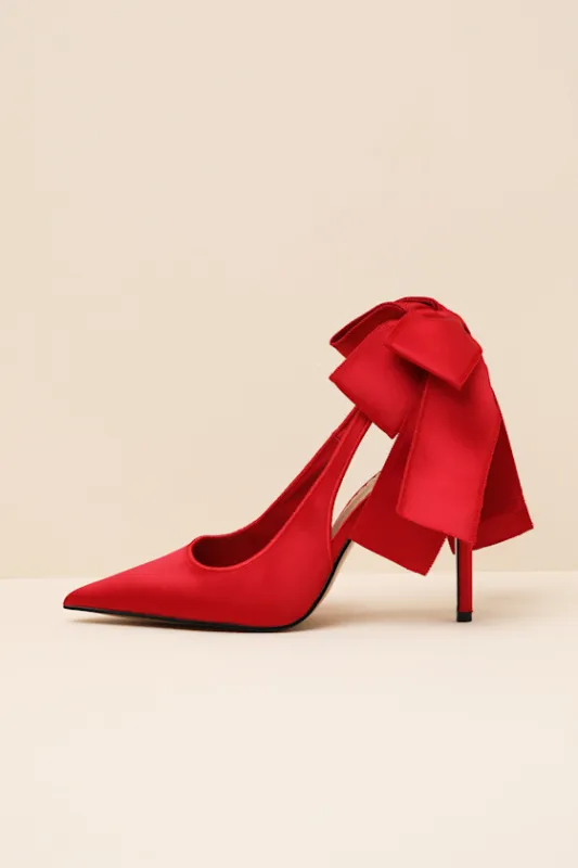 Teacup Red Bow Satin Bow Slingback Pumps sold by Lulus