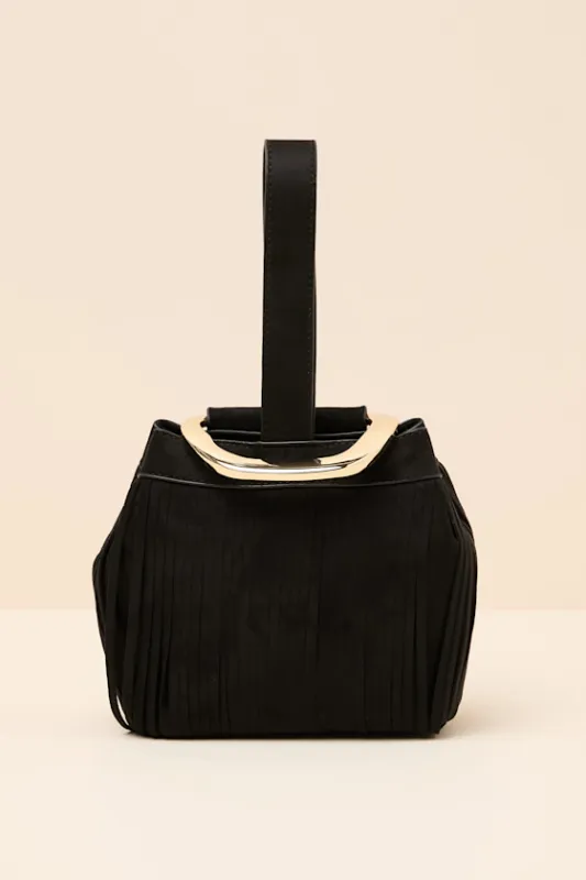 Bruny Black Suede Fringe Bucket Bag sold by Lulus