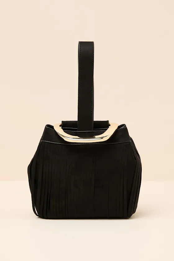 Bruny Black Suede Fringe Bucket Bag sold by Lulus