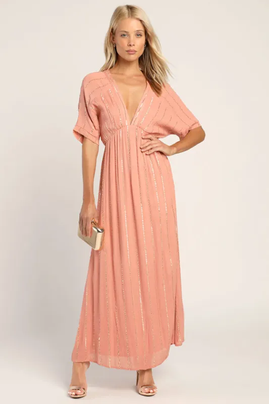 Goddess Vibes Rusty Rose Gold Striped Dolman Sleeve Maxi Dress sold by Lulus