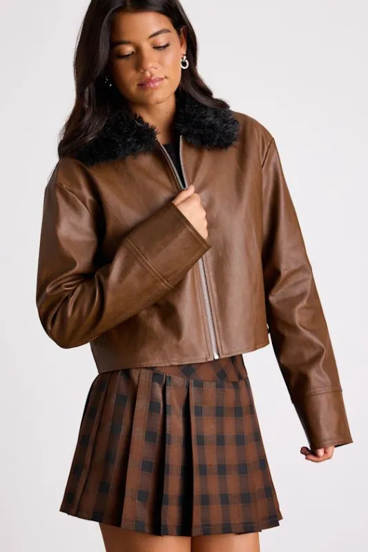 Valencia Brown Vegan Leather Faux Fur Jacket sold by Lulus