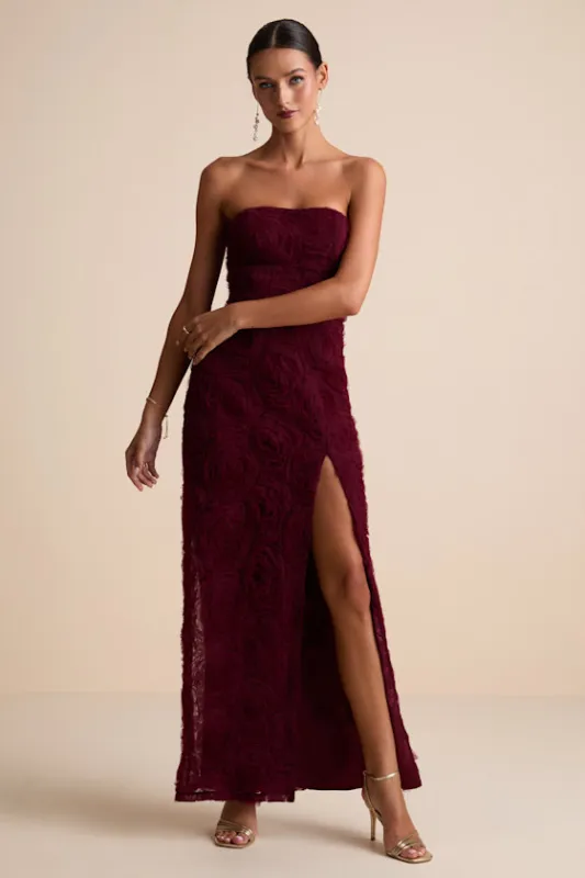 Amalia Burgundy Textured Strapless Maxi Dress sold by Lulus