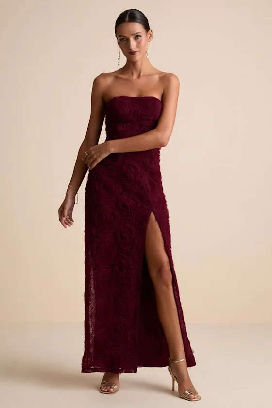 Amalia Burgundy Textured Strapless Maxi Dress sold by Lulus