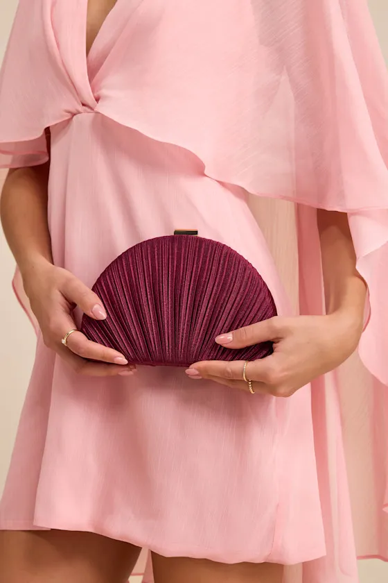 Pleat Perfection Burgundy Satin Pleated Hard Clutch sold by Lulus
