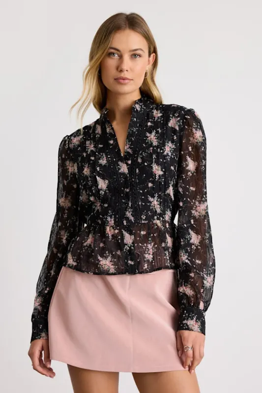 Odeliah Black Floral Crochet Lace Button-Front Long Sleeve Top sold by Lulus