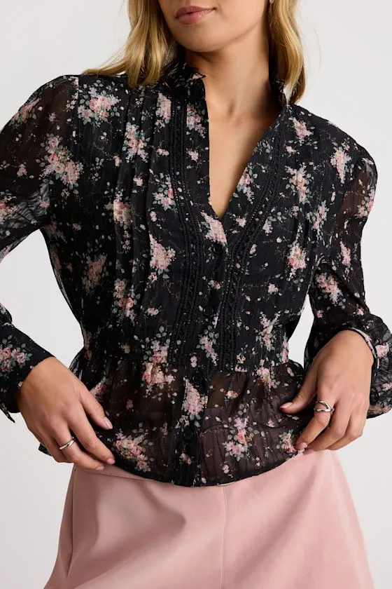 Odeliah Black Floral Crochet Lace Button-Front Long Sleeve Top sold by Lulus product image thumbnail 2