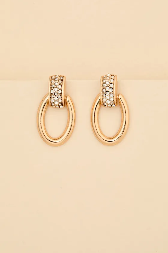 Stassy Gold Rhinestone Oval Drop Earrings sold by Lulus product image thumbnail 4
