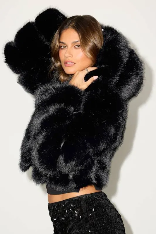 Jolene Black Faux Fur Hooded Jacket sold by Lulus
