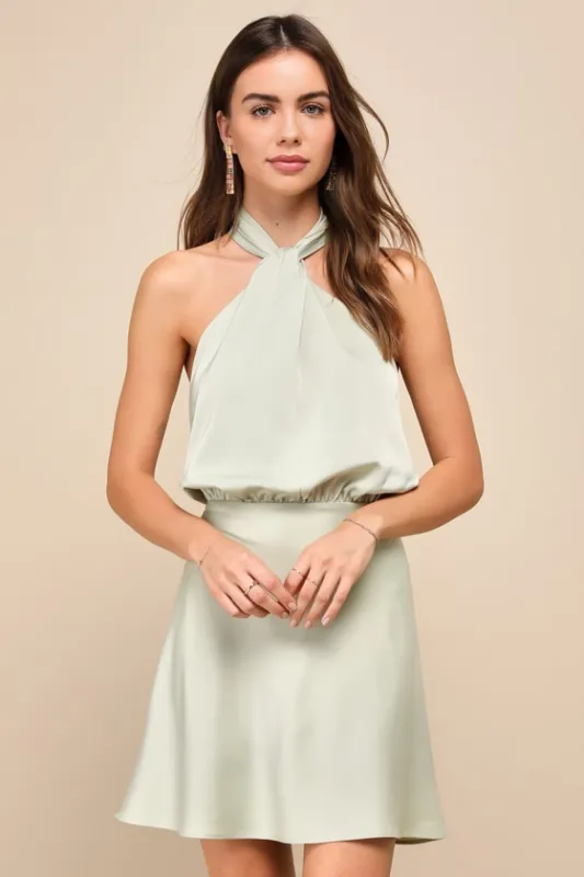 Sleek Essence Sage Green Satin Halter Sleeveless Mini Dress sold by Lulus