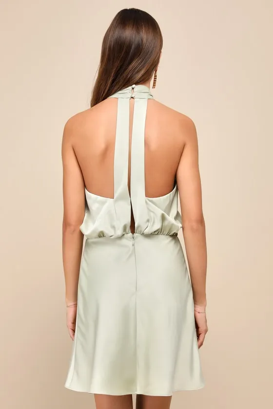 Sleek Essence Sage Green Satin Halter Sleeveless Mini Dress sold by Lulus product image thumbnail 2