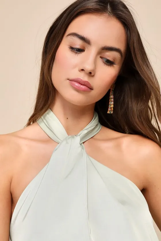 Sleek Essence Sage Green Satin Halter Sleeveless Mini Dress sold by Lulus product image thumbnail 4