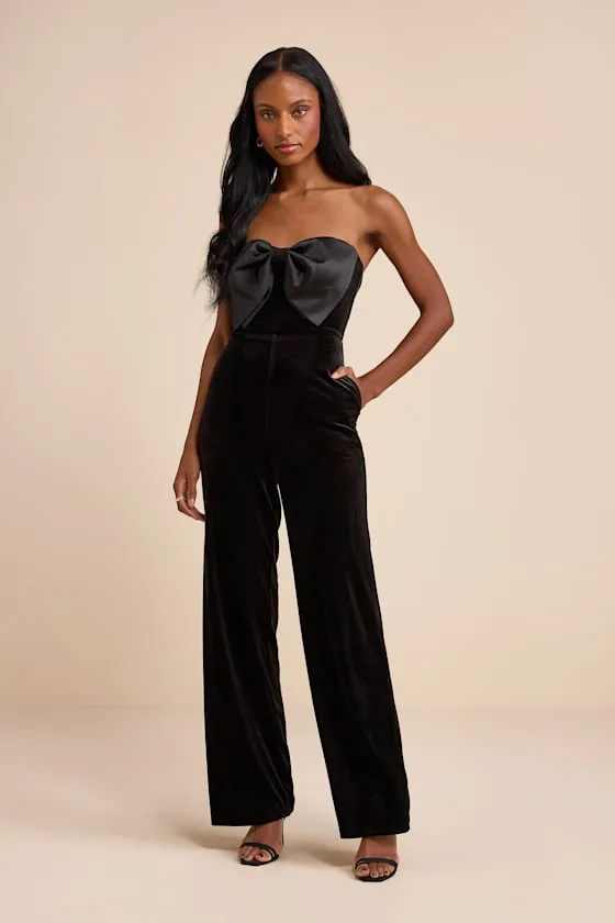 Prudence Black Velvet Bow Straight Leg Jumpsuit sold by Lulus