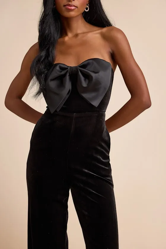 Prudence Black Velvet Bow Straight Leg Jumpsuit sold by Lulus product image thumbnail 2