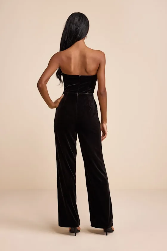 Prudence Black Velvet Bow Straight Leg Jumpsuit sold by Lulus product image thumbnail 3