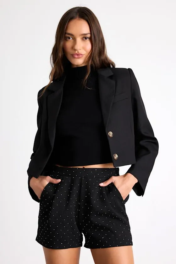 Doneia Black Tweed Rhinestone Mid-Rise Shorts sold by Lulus