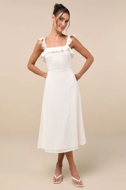 Sun-Kissed Style White and Beige Gingham Backless Midi Dress sold by Lulus