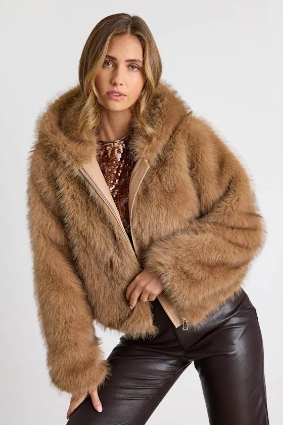 Sugar Tan Faux Fur Hooded Zip-Up Coat sold by Lulus