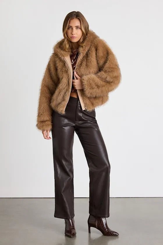 Sugar Tan Faux Fur Hooded Zip-Up Coat sold by Lulus product image thumbnail 2