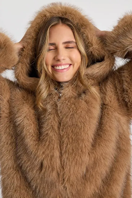 Sugar Tan Faux Fur Hooded Zip-Up Coat sold by Lulus product image thumbnail 4