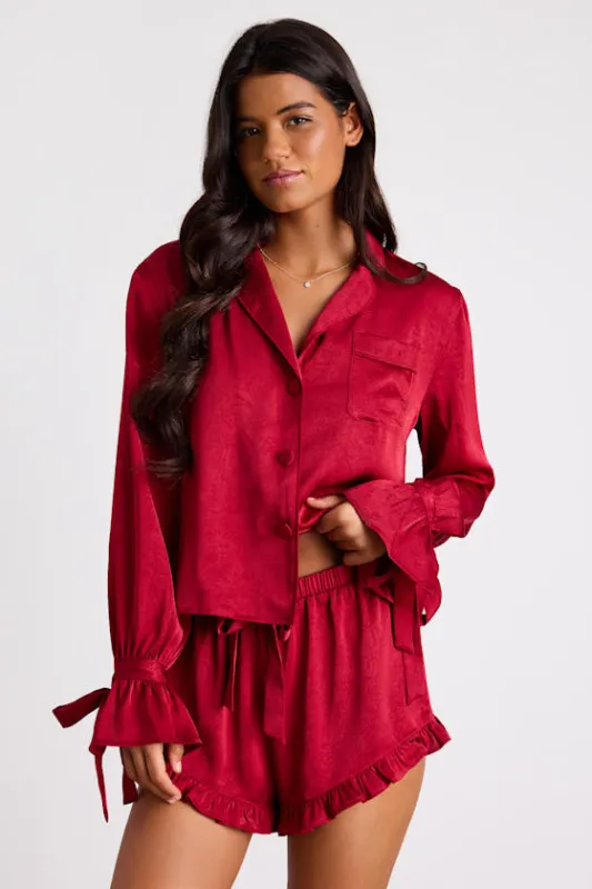 Kelda Dark Red Satin Ruffled Two-Piece Pajama Set sold by Lulus