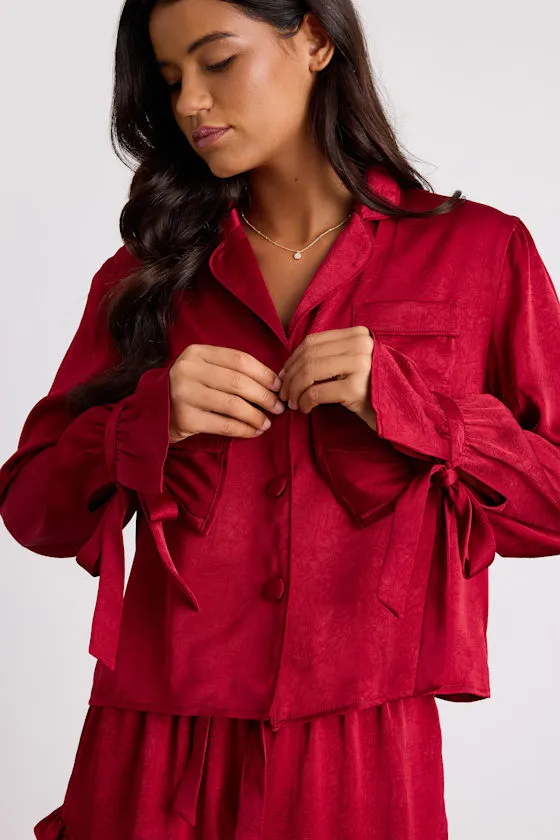 Kelda Dark Red Satin Ruffled Two-Piece Pajama Set sold by Lulus product image thumbnail 2