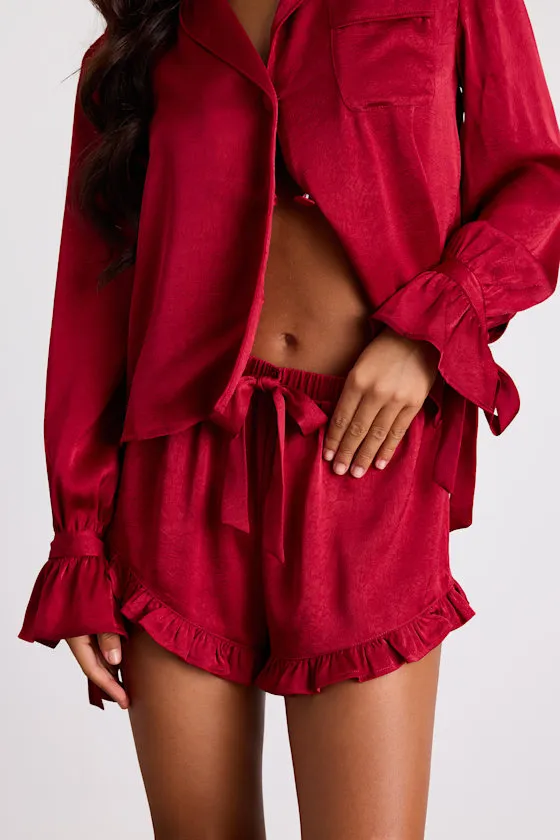 Kelda Dark Red Satin Ruffled Two-Piece Pajama Set sold by Lulus product image thumbnail 3