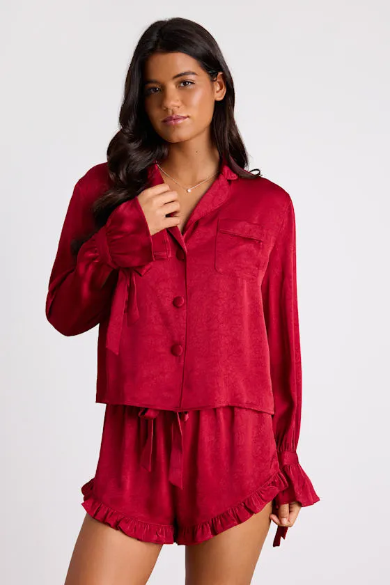 Kelda Dark Red Satin Ruffled Two-Piece Pajama Set sold by Lulus product image thumbnail 4