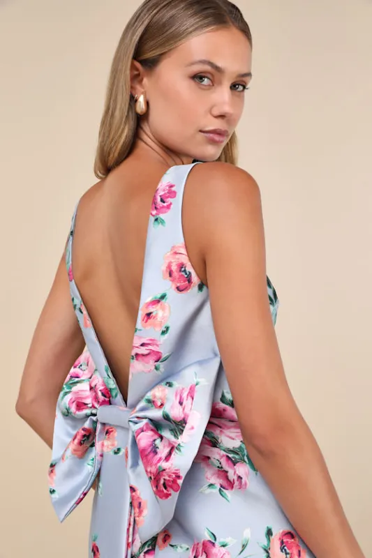 Exceedingly Darling Blue Floral Plunge Back Bow Shift Mini Dress sold by Lulus