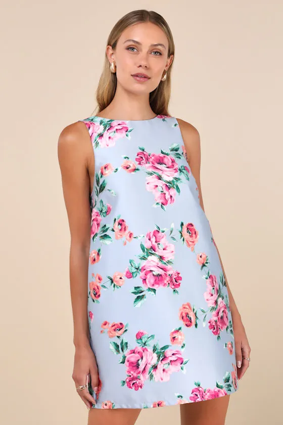 Exceedingly Darling Blue Floral Plunge Back Bow Shift Mini Dress sold by Lulus product image thumbnail 2
