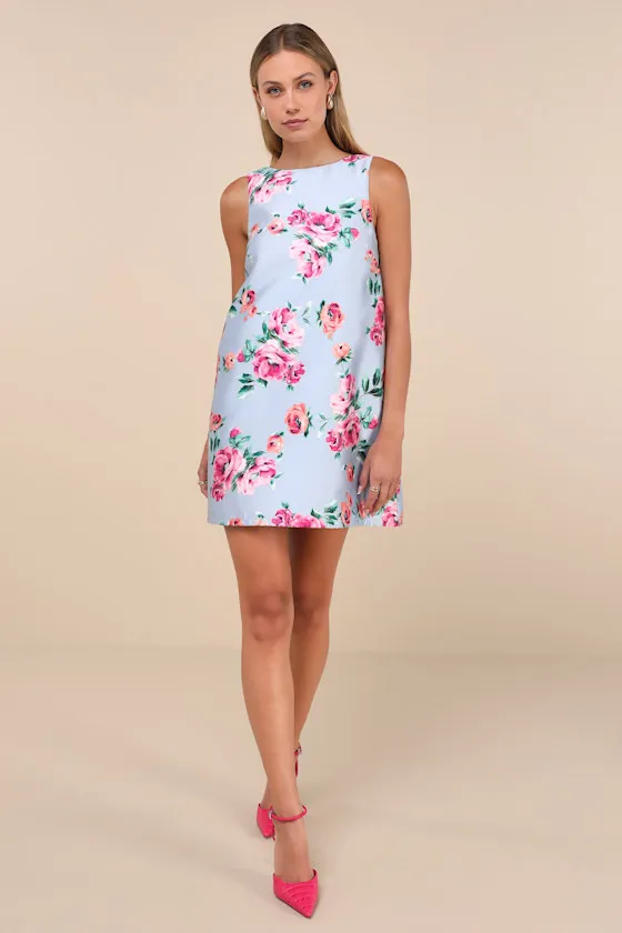 Exceedingly Darling Blue Floral Plunge Back Bow Shift Mini Dress sold by Lulus product image thumbnail 3